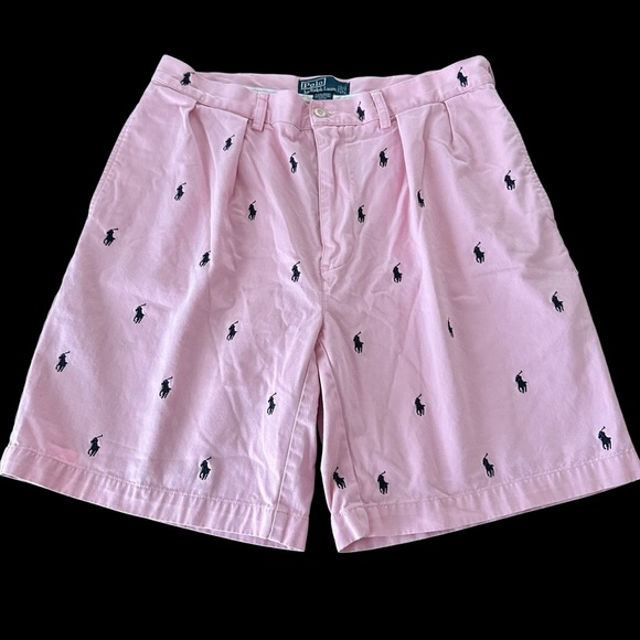 Vtg Polo Ralph Lauren Mens 32/34 Pink Pleated Pony Bermuda Shorts Embroidered - Picture 1 of 5
